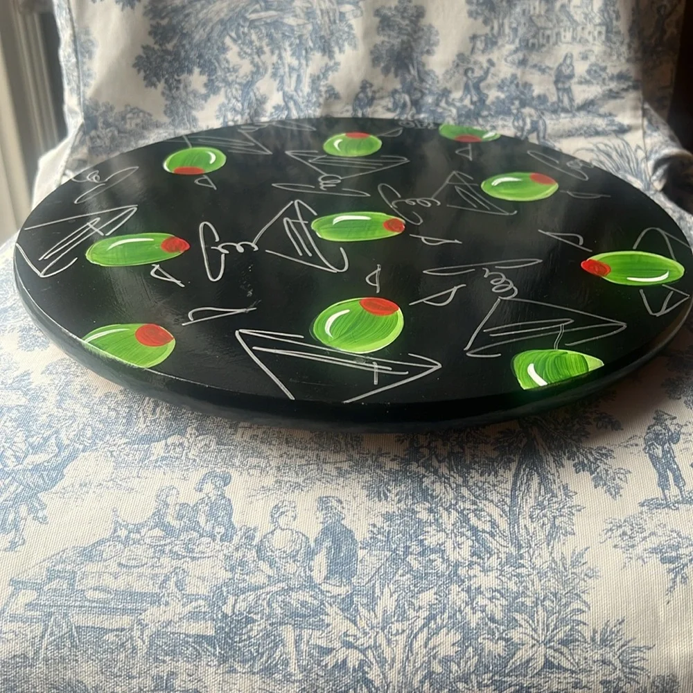ROTATING TRAY WOOD HAND PAINTED MARTINI MOTIF  14” ROUND LAZY SUSAN